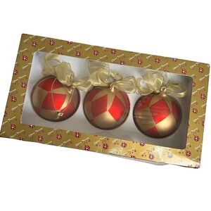 Vintage Dillards Trimmings Christmas Tree Ornaments Red Gold Set of 3‎ in Box
